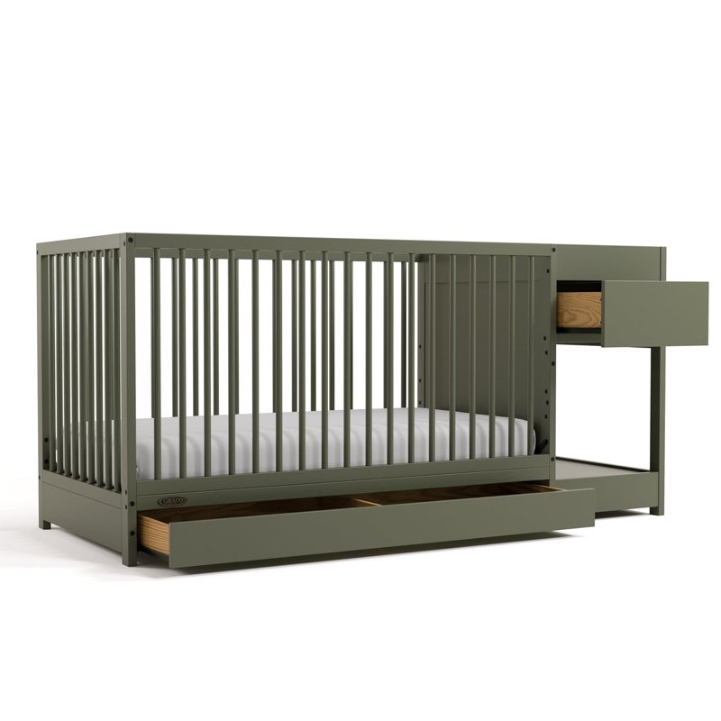 graco teddi 5-in-1 convertible crib & changer with drawer (olive) – greenguard gold certified baby c