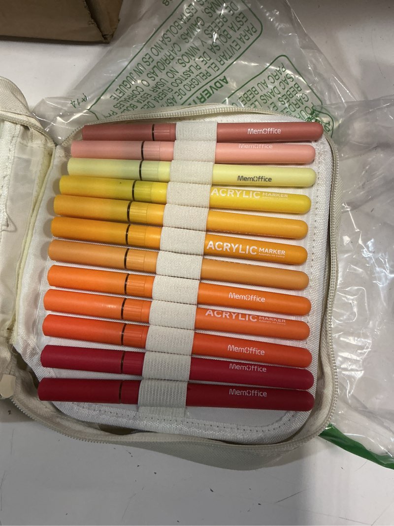 Condition photo showing Good Condition for memoffice direct liquid acrylic paint markers, 36 colors brush tip pens with carrying case, no bleed, waterproof, for rock, wood, canvas, glass, fabric, diy crafts for adults 36pcs