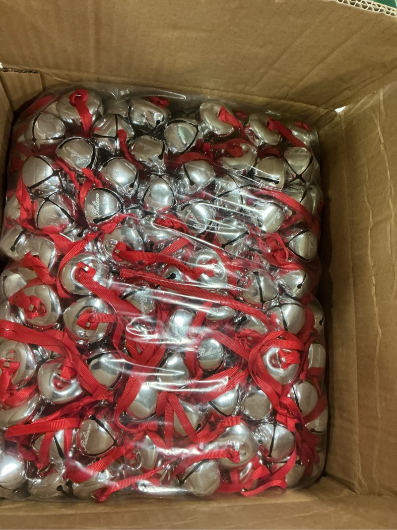 Condition photo showing New/Like New for Syhood 400 Pieces Christmas Believe Bell Ornaments Gifts Bulk Polar Santa Sleigh Bells 1.5'' Christmas Tree Decorations Xms Party Gifts Favors Stocking Stuffers (Silver) Silver 400