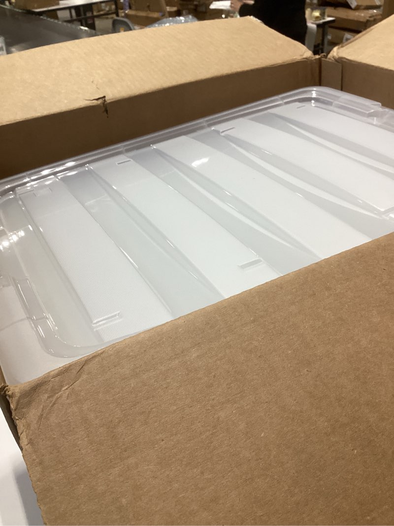 Condition photo showing As Is for iris usa 54 qt stackable plastic storage bins with lids, 6 pack - bpa-free, made in usa - see-through organizing solution, latches, durable nestable containers, secure pull handle - clear clear 54 qt 6 pack