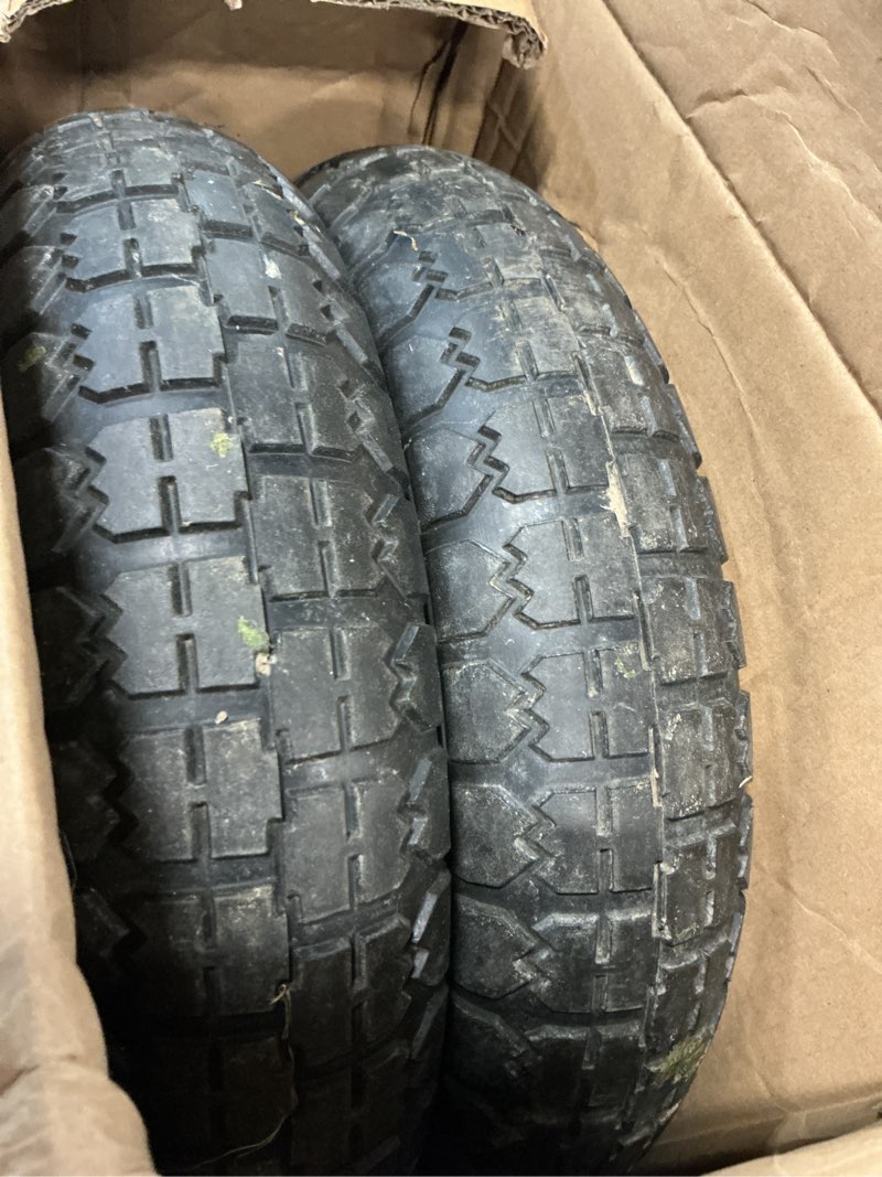 Condition photo showing As Is for 4.80/4.00-8 wheelbarrow tire, 14.5" flat free solid tire and wheel, 3" centered hub, 5/8" & 3/4" bearings, universal replacement for garden carts wagon wheel barrow, 2 pack black 14.5"(2 pack)