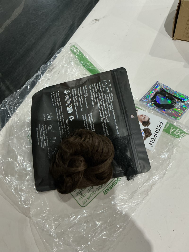 Condition photo showing As Is for feshfen 2pcs small messy bun hair piece for thin hair women girl mini synthetic elastic wavy space-bun scrunchies updo hairpieces, chestnut brown chestnut brown small