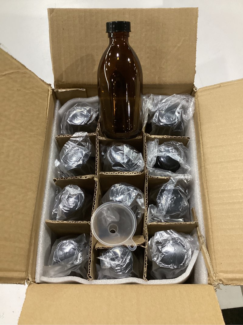 Condition photo showing New/Like New for 12 pack, 8 oz amber glass bottles with caps leakproof refilllable empty brown boston sample dispensing bottles for homemade vanilla extract, essential oils, potion, juice, ginger shots, liquids 12 pack amber