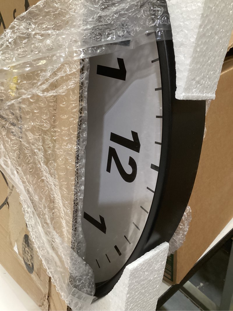 Condition photo showing As Is for leike metal large wall clock 24in black, retro silent quartz battery operated, decorative for patio, kitchen, living room, bedroom, pool black 24in