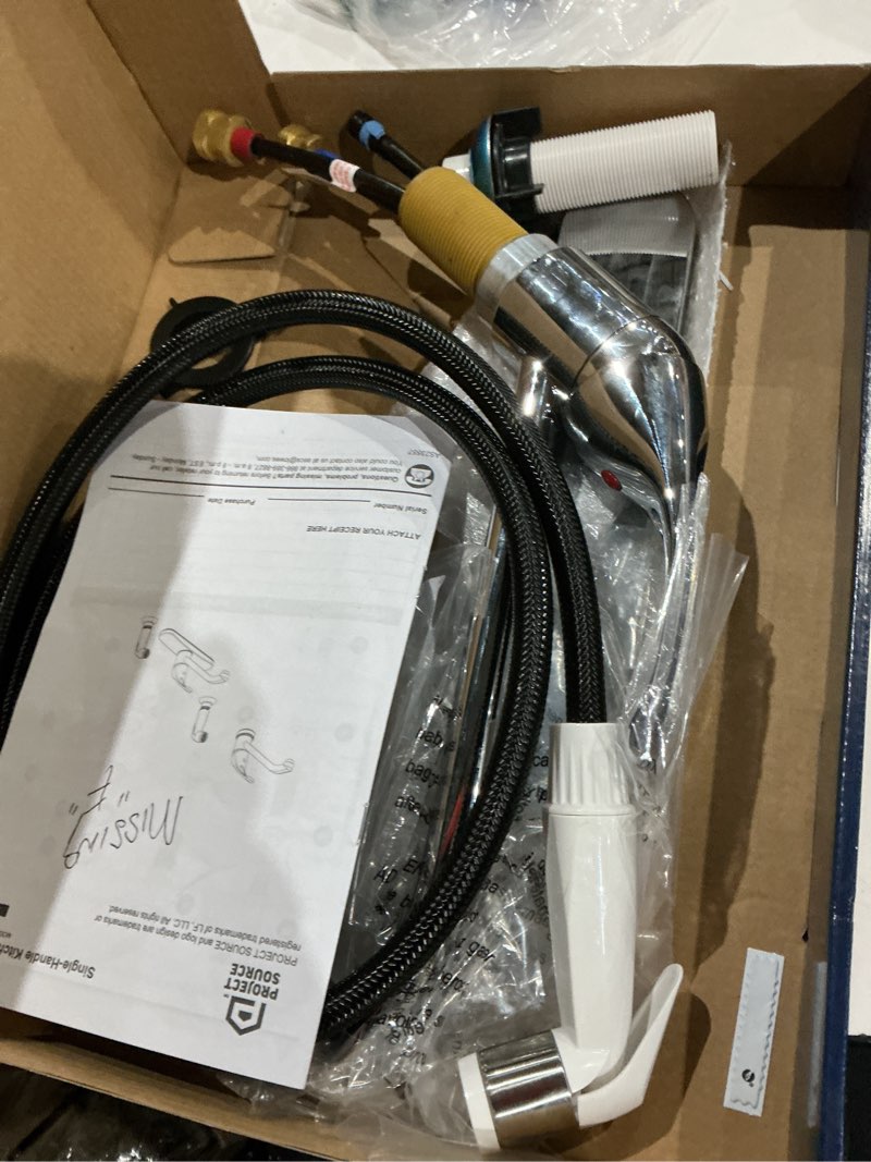 Condition photo showing As Is for project source wakebridge polished chrome single handle kitchen faucet (deck plate and side spray included)