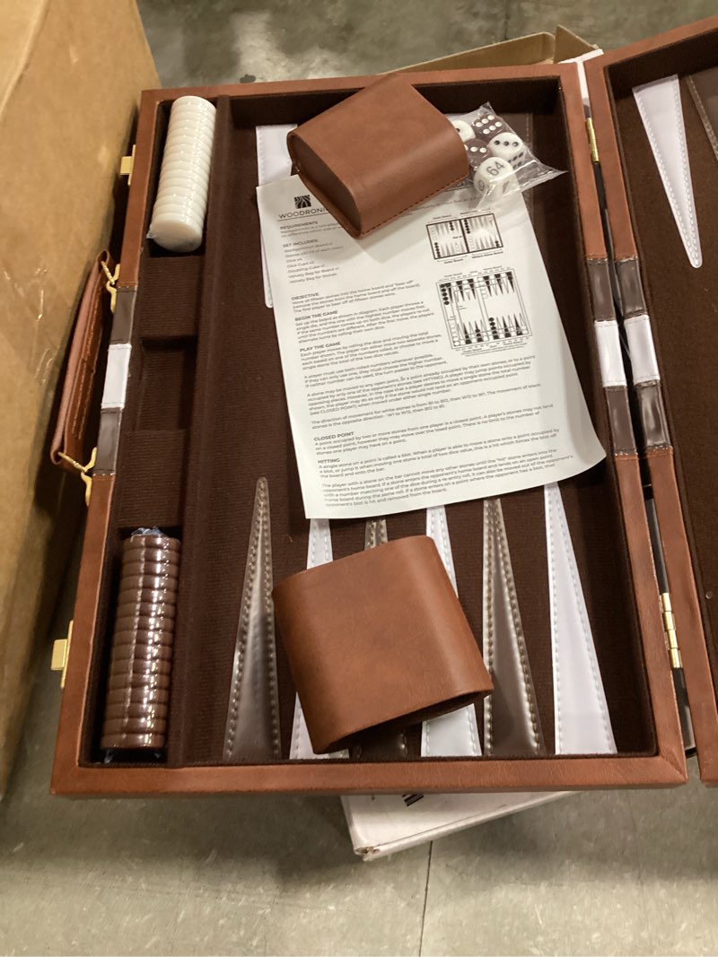 Condition photo showing New/Like New for backgammon sets for adults - 15 inch classic board games with premium leather case - travel backgammon strategy game set for 2 players - portable brown backgammon set - gift for men brown 15inch