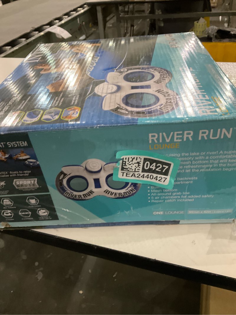 Condition photo showing New/Like New for Intex 58837EP River Run 2 Inflatable Floating Lounge: Comfortable Backrests – Built-in Cup Holders – Cooler with Lid – 2 Person – 440lb Weight Capacity River Run 2 Blue