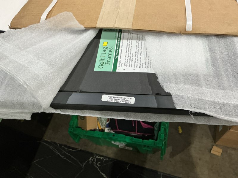 Condition photo showing As Is for 17x23 walnut brown golf flag frame, moulding brn-001, green mat (holds 14x20 pga, ryder cup, us open golf flags; flag not incl)
