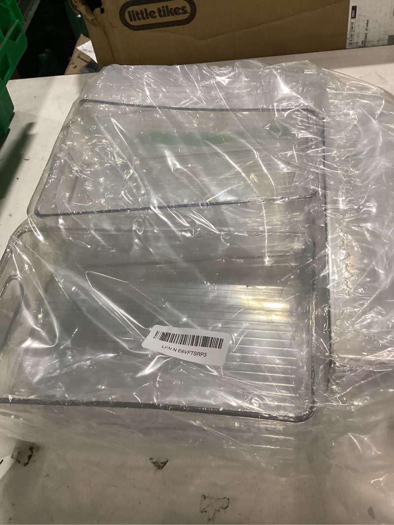 Condition photo showing New/Like New for stackable refrigerator organizer bins, 6 pack clear kitchen organizer container bins with handles and 20 pcs plastic bags for pantry, cabinets, shelves, drawer, freezer - food safe, bpa free 10"l