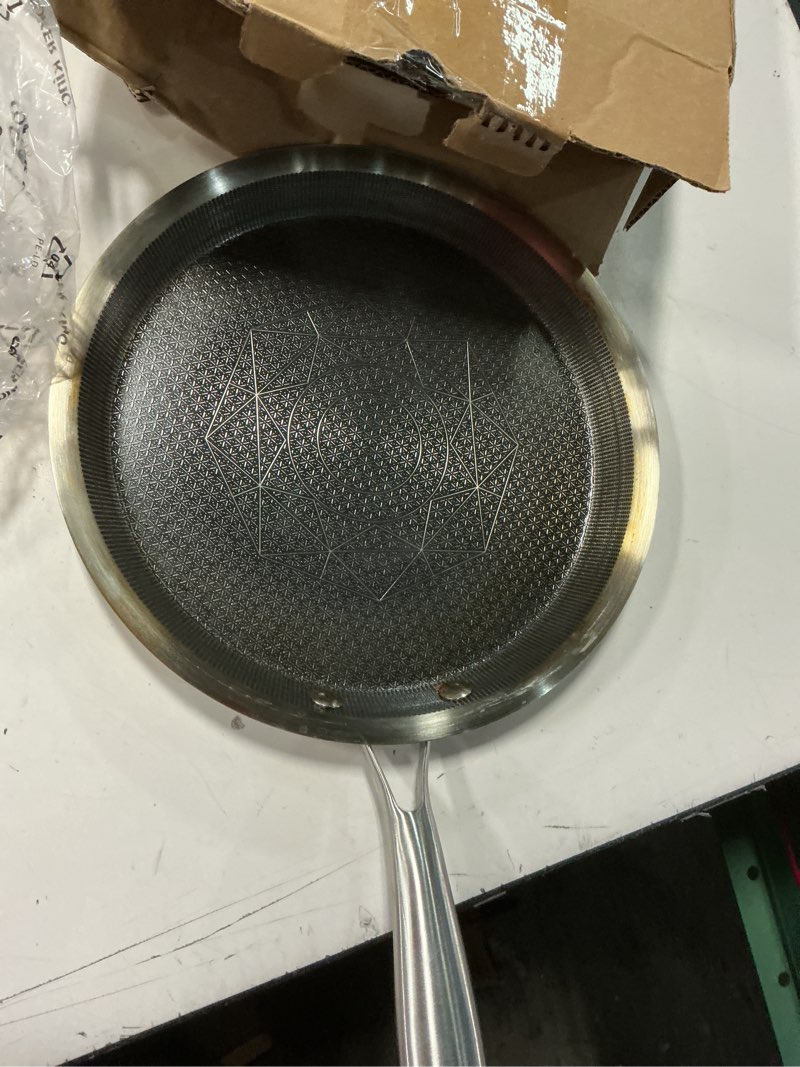 Condition photo showing As Is for cooker king 9.5" round griddle pan, 3-ply hybrid stainless steel crepe pan with stay-cool handle, non stick & non toxic for pancake, eggs, all stovetop & induction compatible, oven & dishwasher safe silver 9.5inch