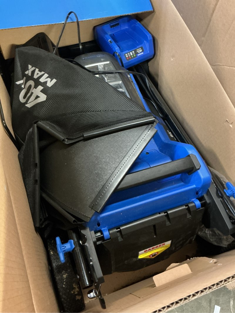 Condition photo showing As Is for kobalt 40v cordless electric lawn mower