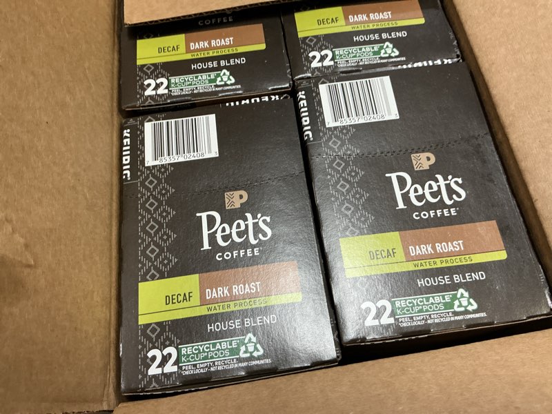Condition photo showing Good Condition for (Box of 4 packs)(BEST BY;12/08/2025)Peet s Coffee Decaf House Blend Premium Dark Roast Single Serve Coffee Pods  22 Count