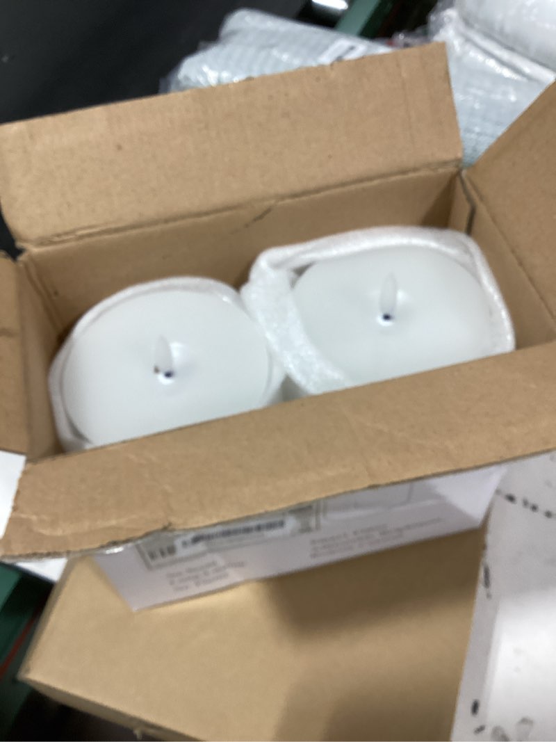 Condition photo showing New/Like New for 4"x6" flickering flameless candles with remote timer, 4" diameter extra-large white pillar, wax, 2 pack tall battery operated led candles for table and fireplace decor (h 6") white - d4"h6" large