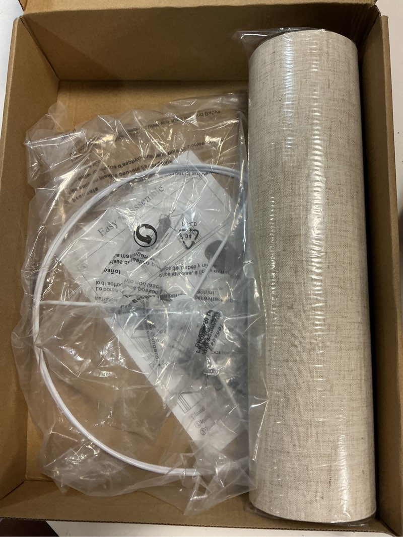 Condition photo showing New/Like New for tall drum lamp shade for table lamps, floor lamp, cloth lampshade 10" top x 10" bottom x 13" high, beige large line fabric, easy assembly