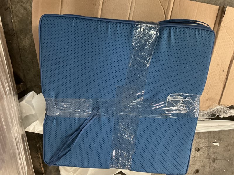 Condition photo showing As Is for v22 in. x 22 in. x 4 in. deep seating outdoor pillow and cushion set in sunbrella canvas navy