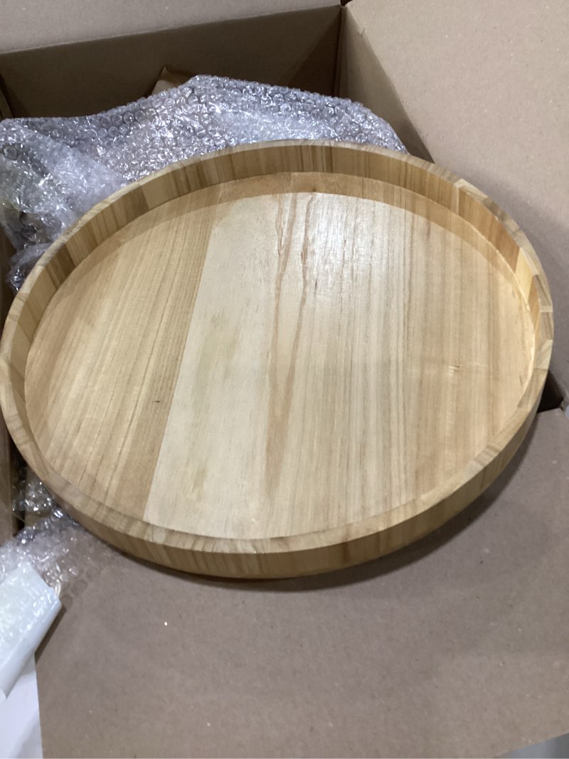 Condition photo showing Good Condition for 16 inches extra large solid wooden serving tray round tea coffee table tray snack food meals serving plate kitchen party bar server breakfast tray with raised edges nature wood ottoman tray