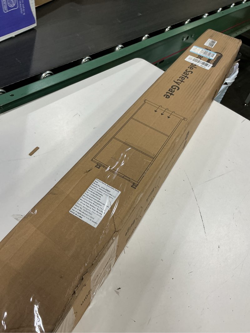 Condition photo showing As Is for upgrade 120" retractable baby gates extra wide with reinforced strips, 10 ft retractable dog gate for garage, 41" tall retractable gate indoor outdoor for pet and baby-grey gray 41" tall x 120" wide