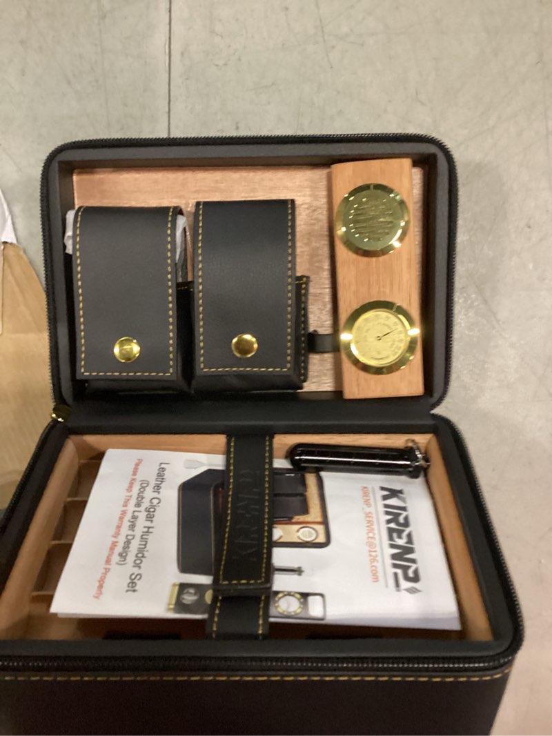 Condition photo showing New/Like New for travel cigar humidor set, 2-layer design & cedarwood lined, with cigar lighter built-in v cutter&holder, cigar cutter, draw enhancer, hygrometer, humidifier, portable leather cigar case, gifts for men l black gold