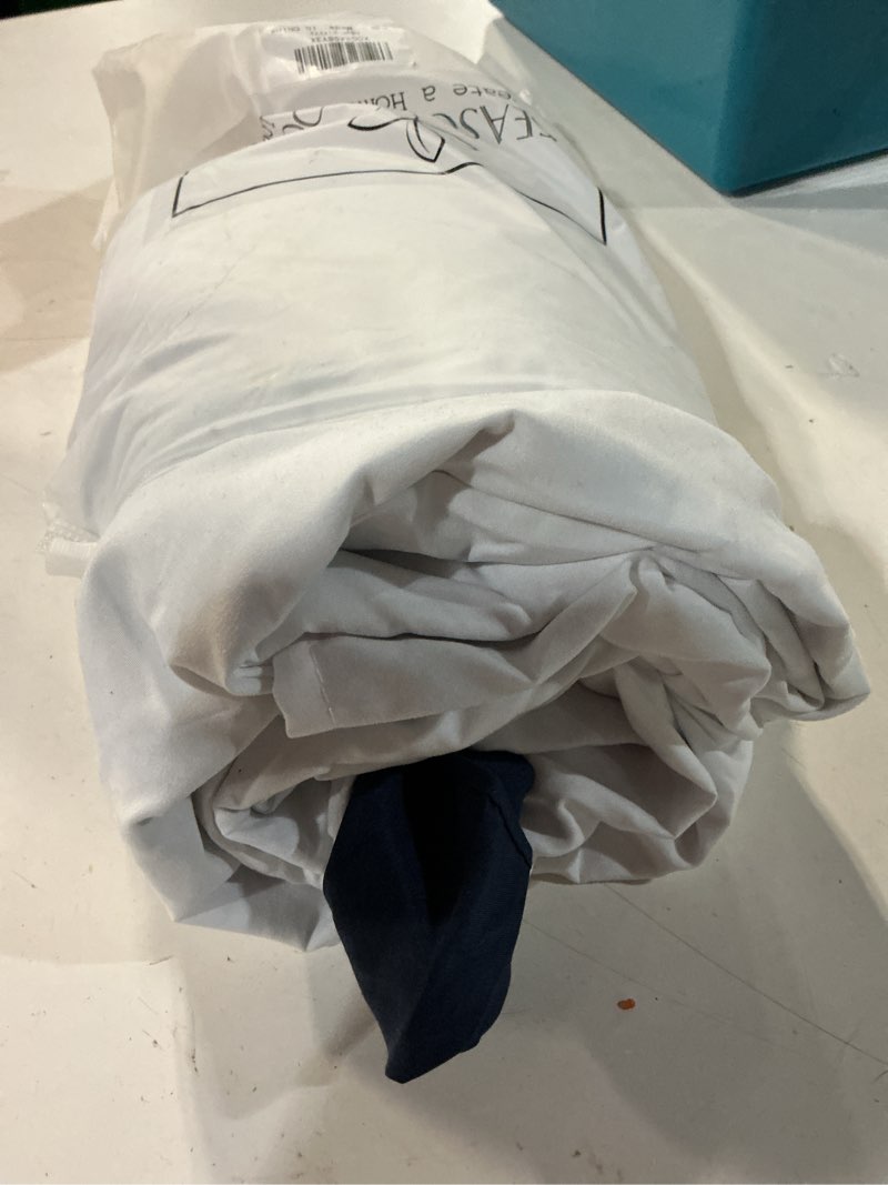 Condition photo showing Good Condition for seasonwood navy blue and white shower curtain 72 x 72 | natural button accents, layered fabric tiers, shabby chic and french country styling for decorative bathroom updates