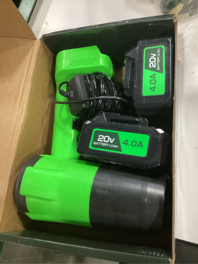 Condition photo showing As Is for leaf blower cordless, handheld leaf blower with 2 x 4.0ah battery and charger, 6 speed modes, lightweight blowers for lawn care, patio, yard, dust,blowing leaves,snow green