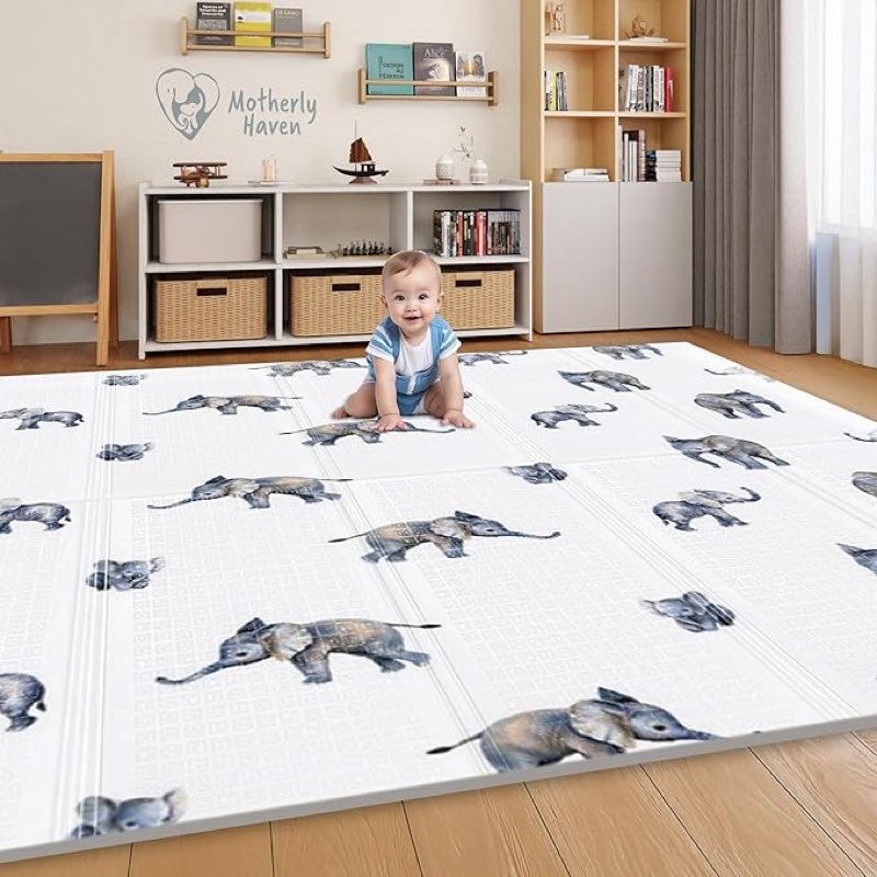 79x71 Foldable Baby Play Mat for Floor, Extra Large Reversible Foam Play Mat for Babies 6-12 Months, Waterproof Portable Foam PlayMat for Tummy Time for Toddler - Elephant and Hearts