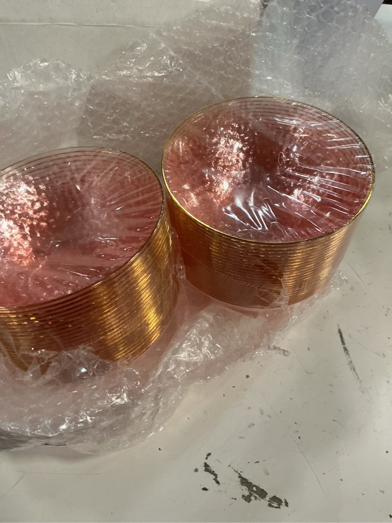 Condition photo showing New/Like New for i00000 50 pack 12 ounce pink plastic bowls serving bowls hammered clear bowl with gold rimmed, heavy duty disposable bowl set,small bowls for wedding party 50 pack pink gold