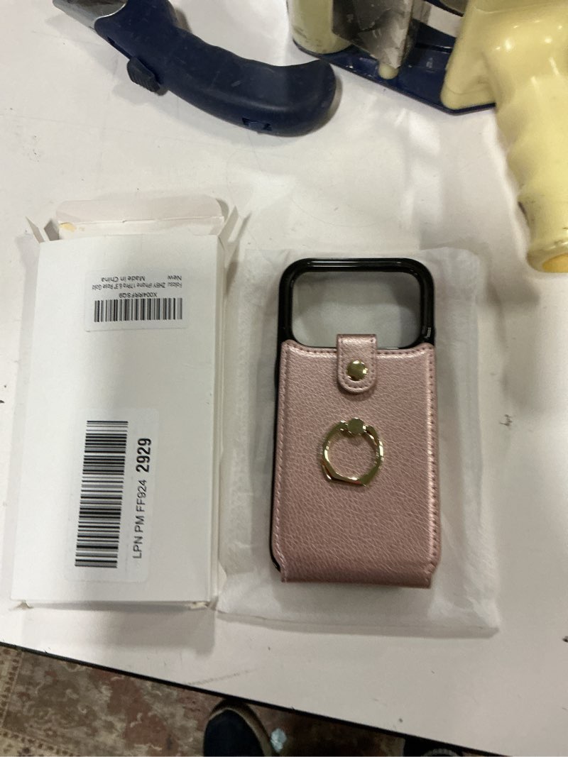 Condition photo showing New/Like New for Folosu Compatible with iPhone 17 Pro Case Wallet with Card Holder, 360°Rotation Finger Ring Holder Kickstand, RFID Blocking Leather Protective Double Buttons Shockproof Cover 6.3 Inch Rose Gold