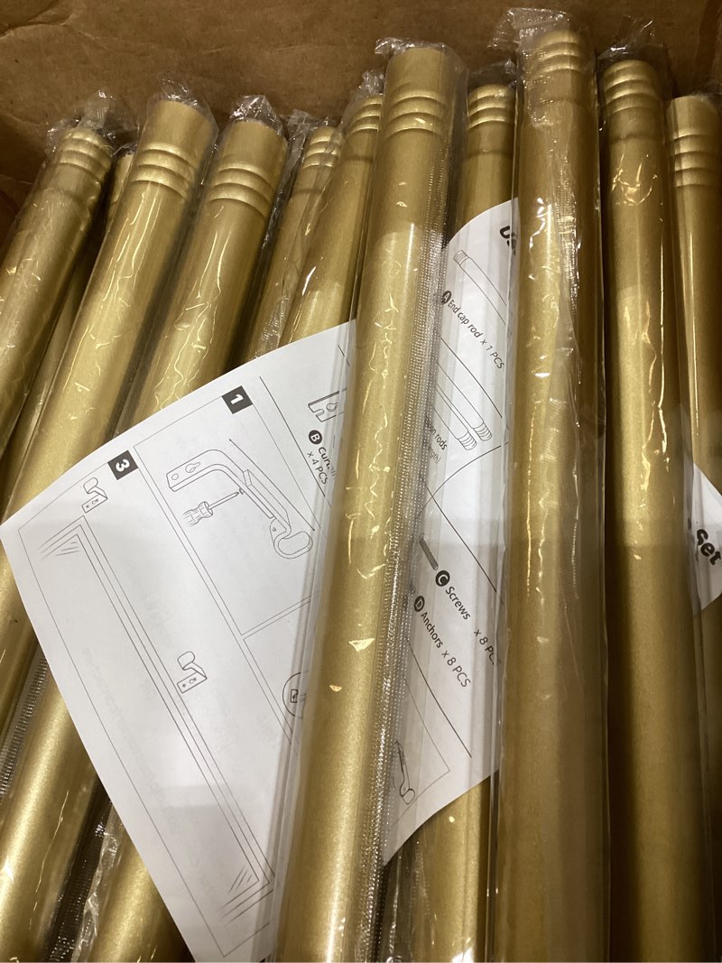 Condition photo showing New/Like New for Gold Extra Long Curtain Rod 30 to 214 inch, Heavy Duty, Metal, Wall Mounted, 1.5 inches Diameter, 2.477 kg, 35 lbs Max Weight, Window Treatment Single Rods 30-214 inch Gold