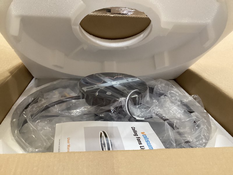 Condition photo showing Good Condition for VOLISUN Low Profile Ceiling Fans with Lights and Remote, 19.7in Flush Mount Ceiling Fans with Light, 3000K-6500K Dimmable Fandelier LED Fan Light, Brown Bladeless Ceiling Fans with Lights for Bedroom Brown 19.7 INCH