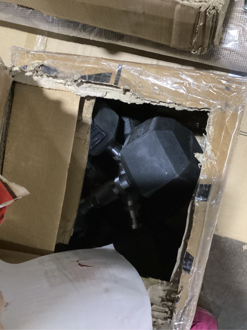 Condition photo showing Good Condition for CAP 150 LB Rubber Coated Hex Dumbbell Hand Weight Set with Vertical Storage Rack - Chrome Handle | Black Rack