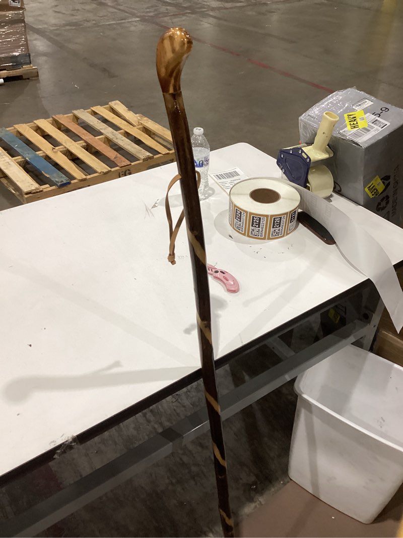 Condition photo showing As Is for forest pilot handcrafted nature wood hiking stick 55 inches long - with hand strap and rubber tip cover - transparent waterproof painting coating
