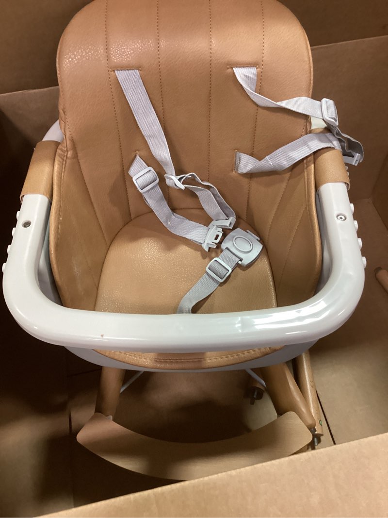 Condition photo showing As Is for Mallify 3-in-1 Convertible Wooden High Chair, High Chairs for Babies and Toddlers, Baby High Chair with Adjustable Legs & Dishwasher Safe Tray, Made of Sleek Hardwood & Premium Leatherette, Brown