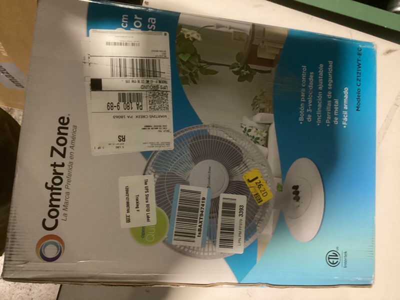 Condition photo showing Good Condition for comfort zone oscillating table fan with adjustable tilt, convenient push button controls, quiet, 12 inch, 3 speed, desk fan, airflow 7.25 ft/sec, ideal for home, bedroom, dorm & office, cz121wt white
