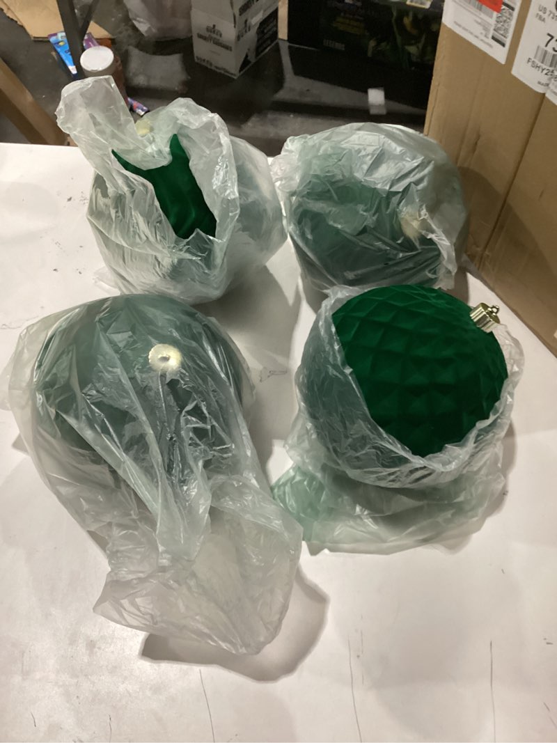 Condition photo showing As Is for Lanpn 4 Pcs 8" Large Christmas Ornaments, Oversized Velvet Xmas Tree Ball, Big Flocked Christmas Tree Ornament, Shatterproof Plastic Balls for Yard Lawn Holiday Hanging Decor, Dark Green Dark Green 8"/ 4 pcs
