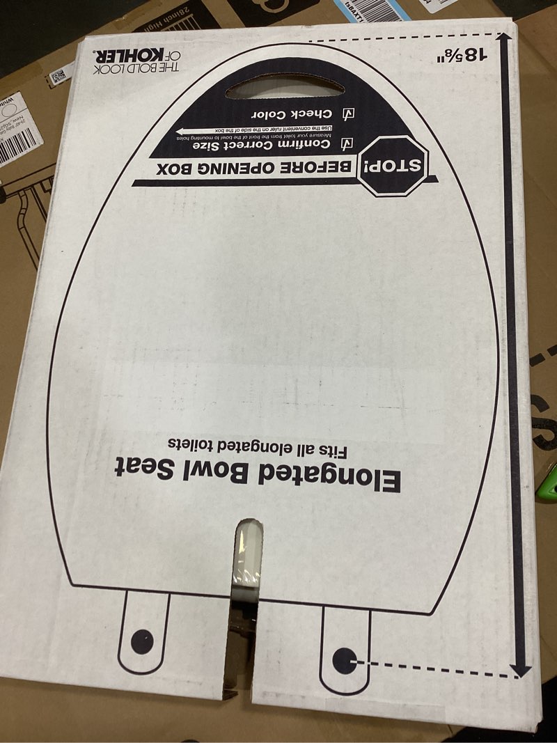 Condition photo showing New/Like New for kohler k-4774-96 brevia elongated toilet seat with quick-release hinges and quick-attach hardware for easy clean, biscuit elongated biscuit