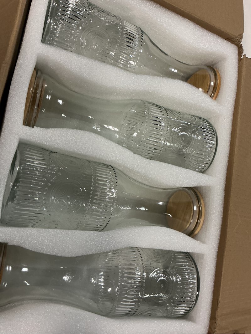Condition photo showing Good Condition for Glass Carafe Pitchers with Lids, Set of 4 1 Liter Embossed Designed Beverage Pitcher Carafe Set for Mimosa Bar, Juice Container for Brunch, Cold Water, Juice -With 4 Wooden Chalkboard Tags