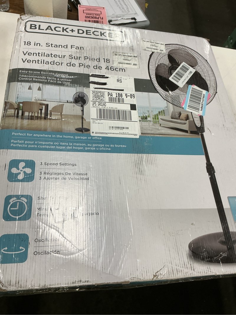 Condition photo showing New/Like New for black+decker 18-inch stand fan with pedestal base, height adjustable pedestal fan with remote and touch control panel, free standing fan with 90-degree oscillating and 3-speed settings, black