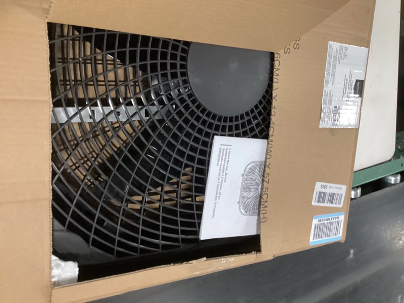 Condition photo showing Good Condition for amazon basics 3 speed box fan, indoor electric fan for home cooling, 5 blades, lightweight design, 67 watts, 20-inch, black, 6.8"d x 20.86"w x 21.33"h