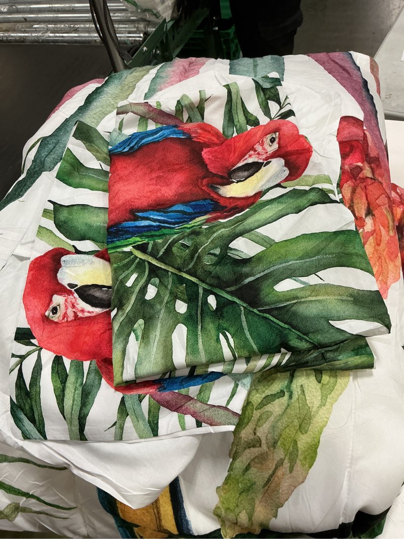 Condition photo showing As Is for queen size comforter set with 2 pillowcases, tropical hibiscus birds 3 pcs bedding for kids and adults, flower palm leaf soft comforter set for bedroom bed decor queen hibiscus birds
