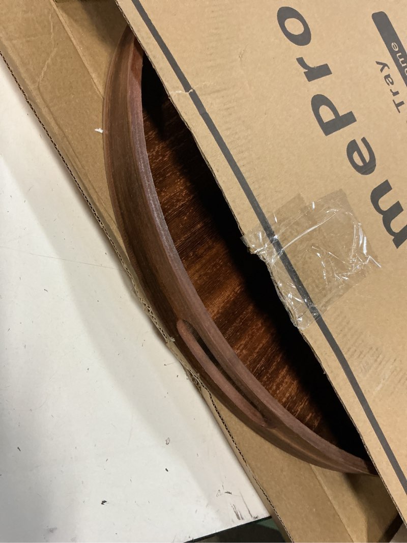 Condition photo showing Good Condition for large round wooden coffee table trays 20" - multi-functional home decor ottoman serving platter carbonized black brown 20"