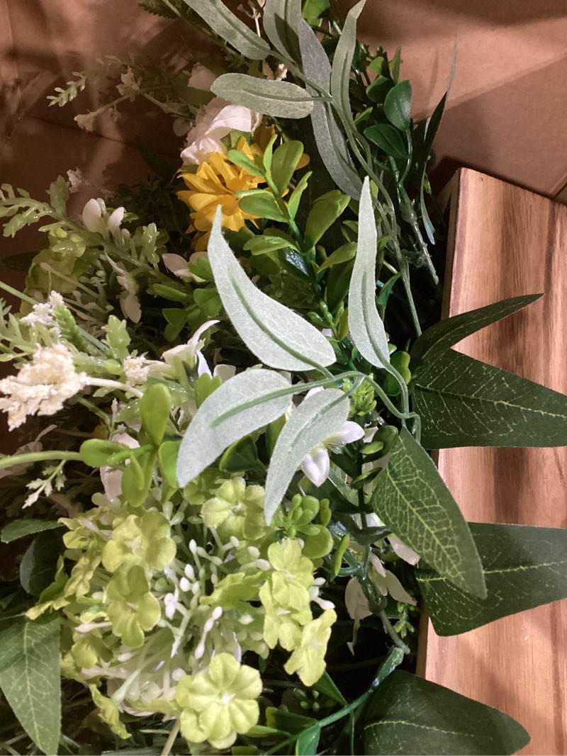 spring easter centerpiece for table, 18" l lifelike artificial flowers in rustic whitewashed rectang