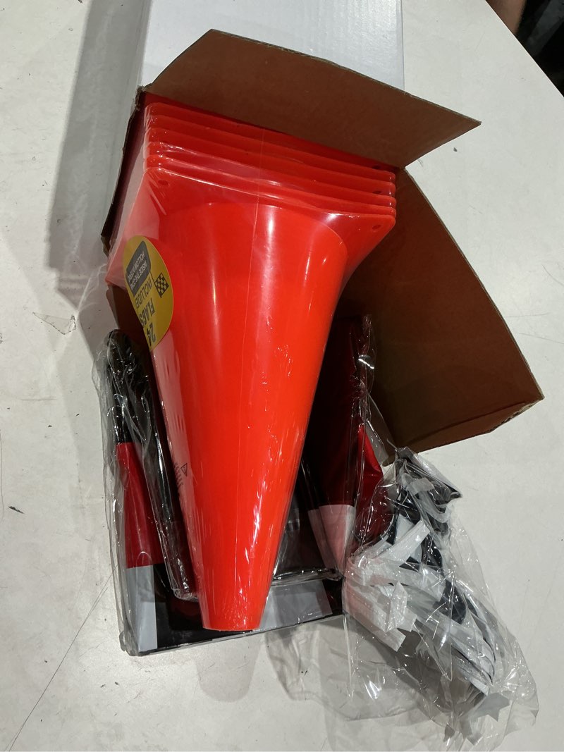 Condition photo showing Good Condition for racing cars birthday decorations - racecar centerpiece decoration kit for kids - (12) orange traffic cones, (24) checkered flags, plastic tablecloth (54"x108") birthday banner race car theme (38pcs) cones, flags, banner, tablecloth