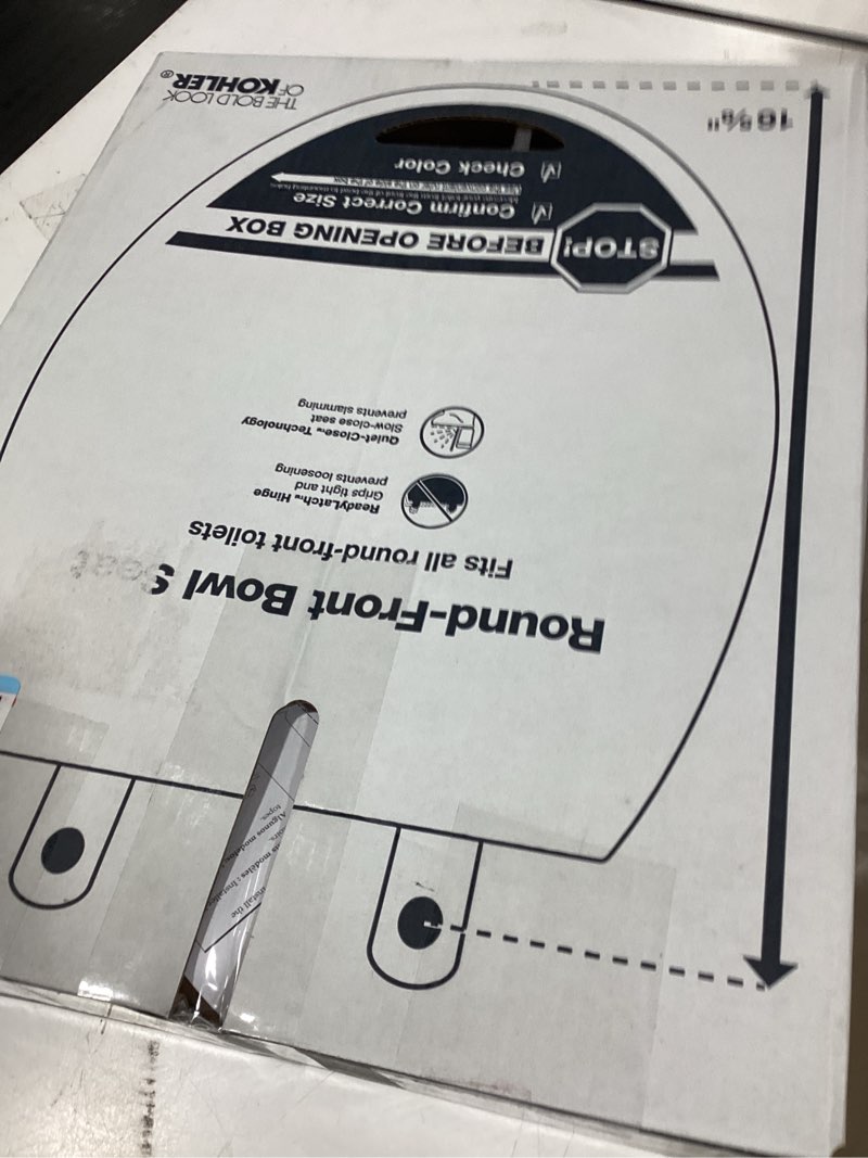 Condition photo showing New/Like New for kohler k-27332-0 glissade readylatch quiet close round toilet seat, white, grip-tight hardware, quiet close lid prevents slamming white round