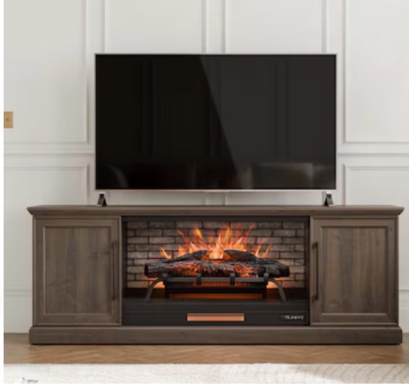 allen + roth 72-in w brown walnut tv stand with infrared quartz flat wall electric fireplace with