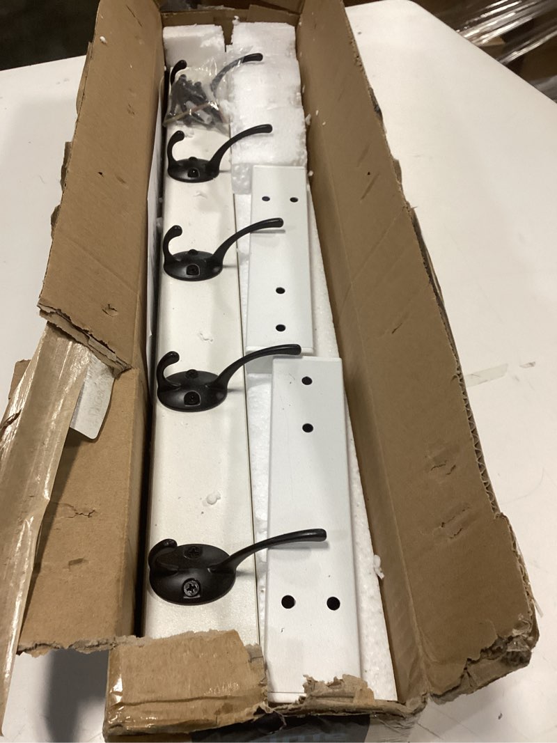 Condition photo showing As Is for Homode Coat Rack with Shelf Wall Mount, 24 Inch Long Wall Shelf with Hooks Underneath, Wood Hanging Coat Hanger with Hat Shelf for Entryway, Bathroom, Mudroom, White