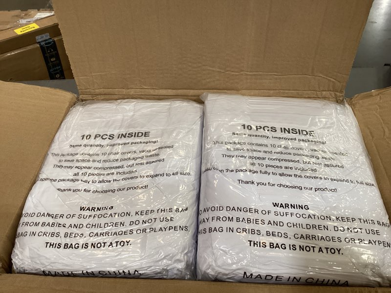 Condition photo showing New/Like New for 100 pcs white polyester spandex chair covers - stretch slipcovers for wedding, party, dining, banquet - flat-front chair covers white 100pcs
