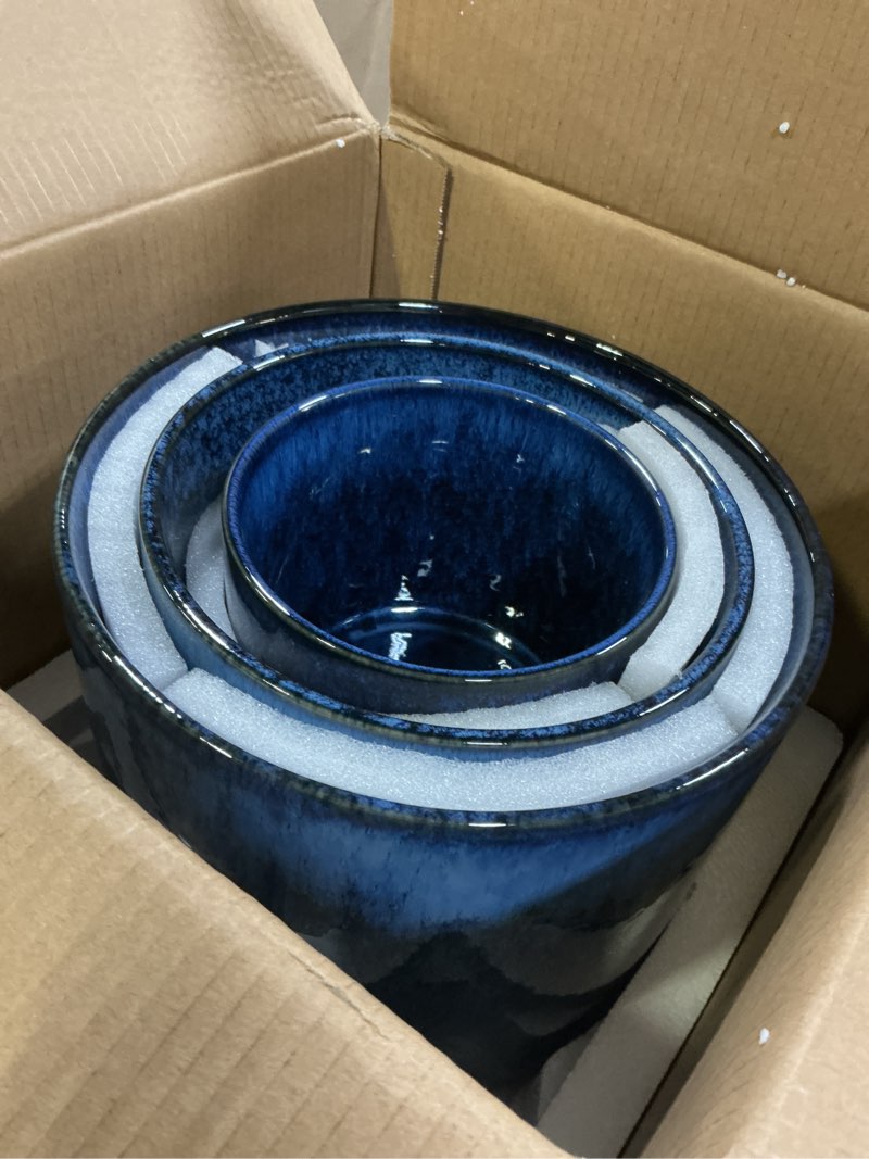 Condition photo showing Good Condition for vancasso ceramic planters, plant pots for indoor plants, 6.25+8.25+10.25 inch ceramic pots for plants, flower pots with drainage holes (blue, 6.25+8.25+10.25 inch) blue 6.25 + 8.25 + 10.25 inch