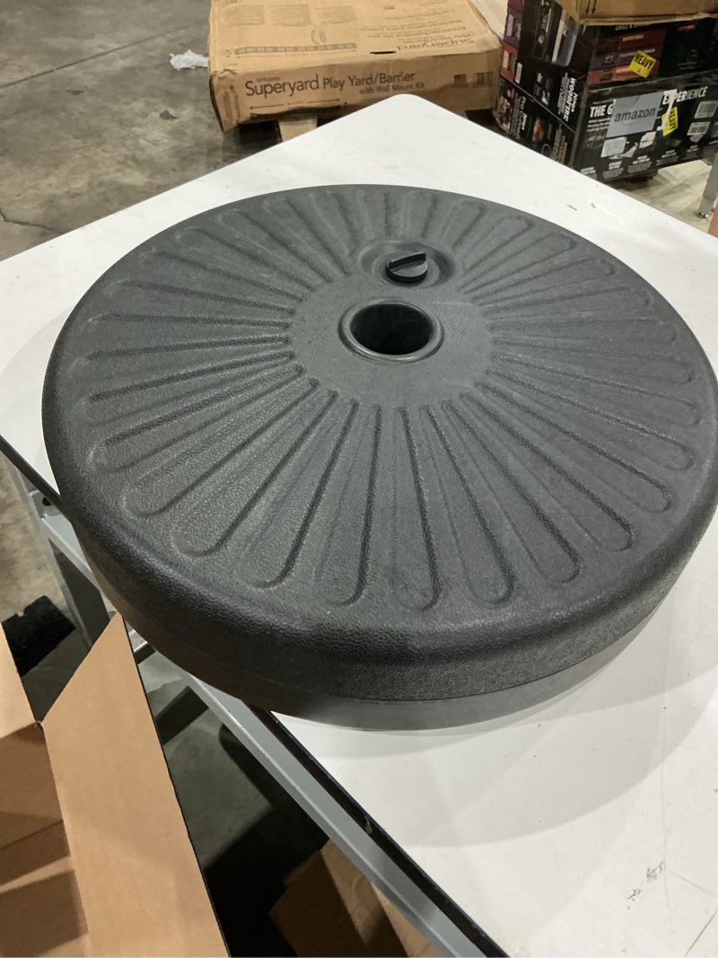 Condition photo showing As Is for yssoa capacity fillable umbrella round base heavy duty market stand for outdoor lawn, patio, deck, poolside, black