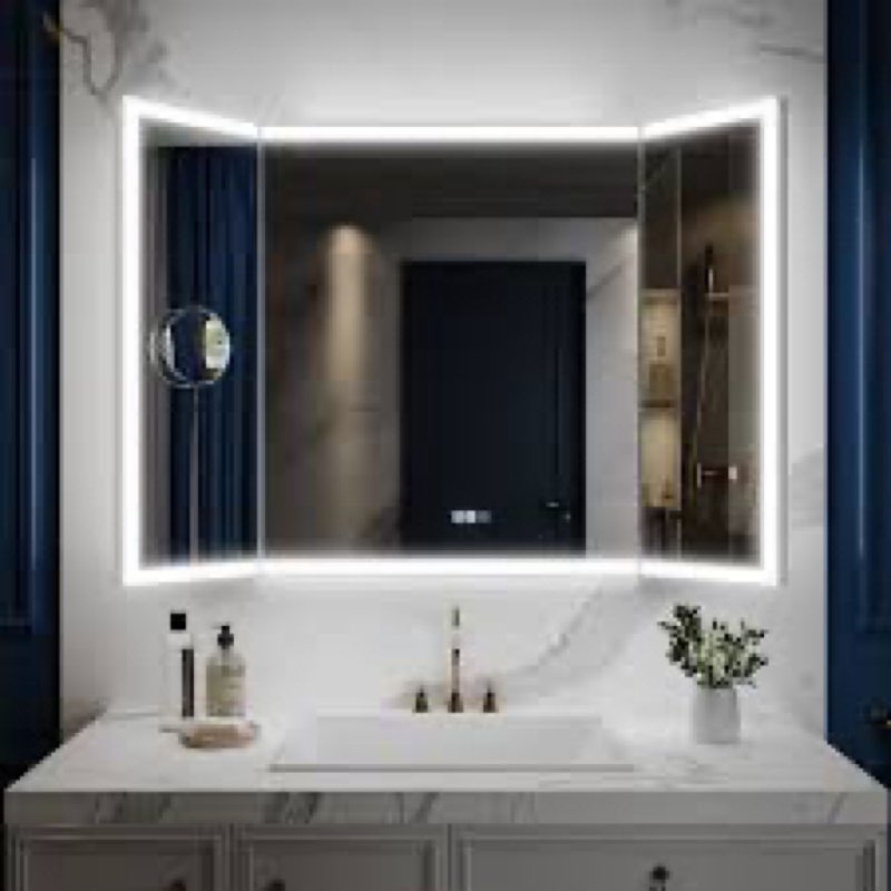 TriFold LED LED Bathroom Mirror, Front & Back Lighting, with Movable 10X Magnifying Mirror