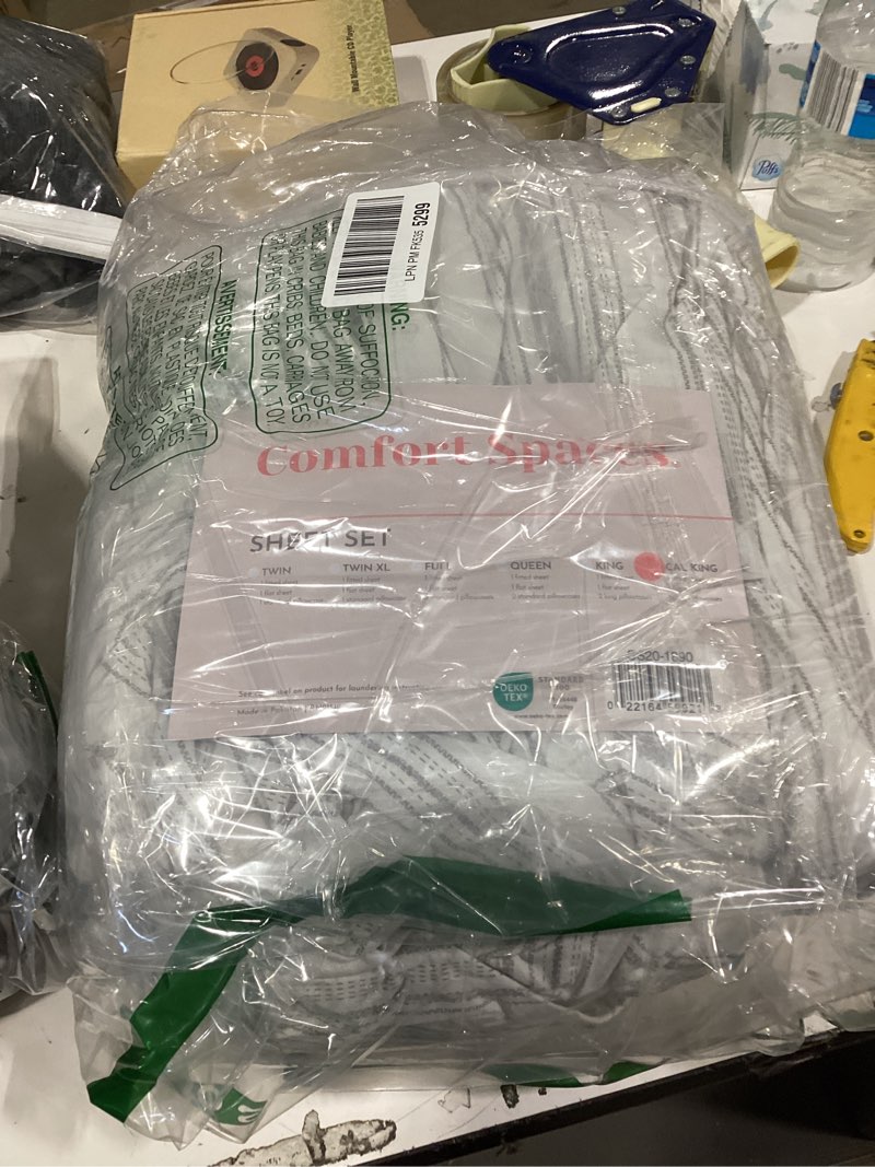 Condition photo showing New/Like New for comfort spaces 100% cotton sheets cal king, breathable, naturally cool cotton sheets, cotton bed sheets with 14" elastic pocket fits up to 16" mattress, all seasons sheet set, good vibes grey 4 piece good vibes grey california king